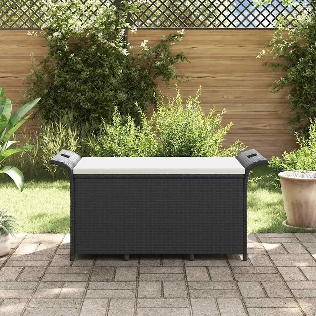Garden Bench with Storage Cushioned Seat Black Poly Rattan 116 x 46 x 57 cm