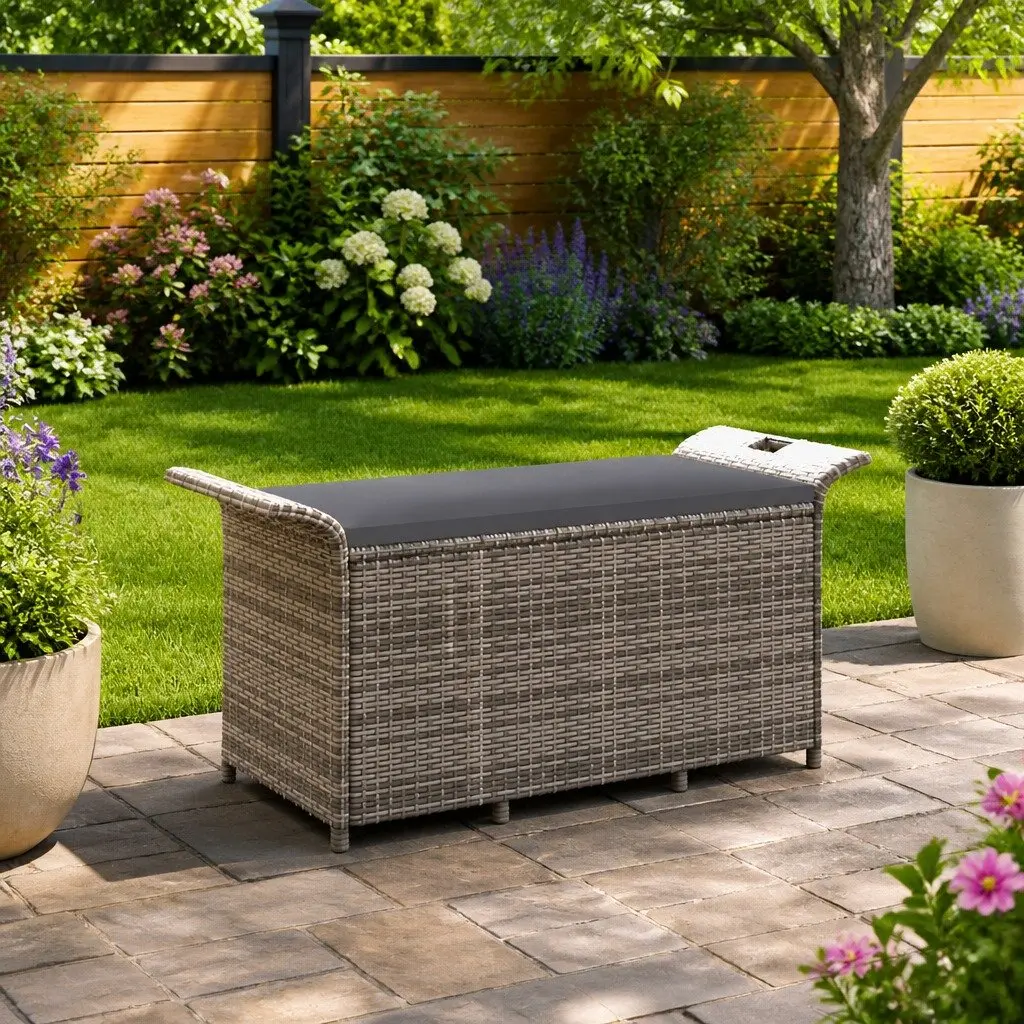 Outdoor Garden Bench with Storage Cushion Grey Poly Rattan 116x46x57 cm