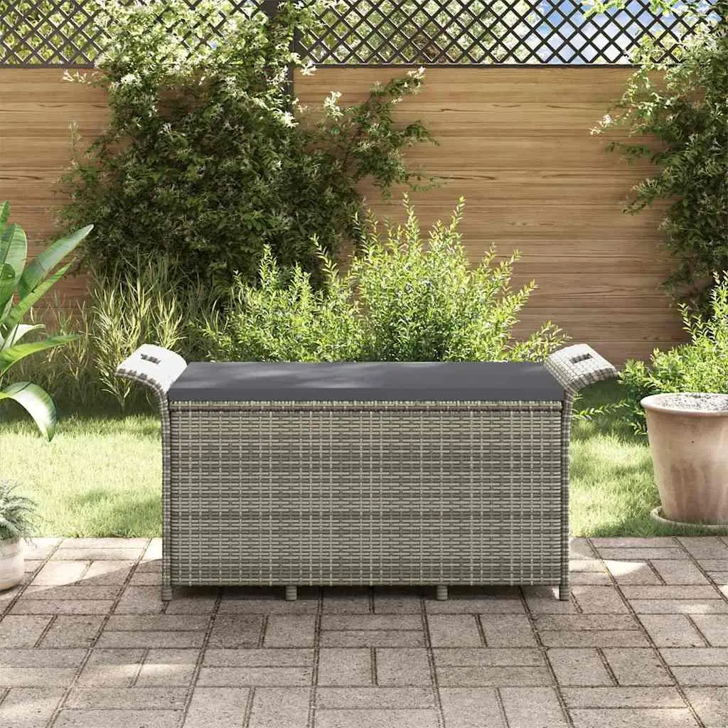 Outdoor Garden Bench with Storage Cushion Grey Poly Rattan 116x46x57 cm