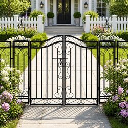Garden Gate Black Wrought Iron Ornamental Fence Entryway Post Barrier 121x100cm