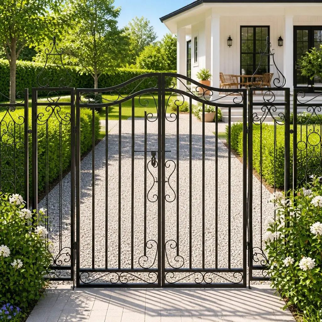 Garden Gate Black Wrought Iron Ornamental Fence Entry Outdoor Patio Yard Decor