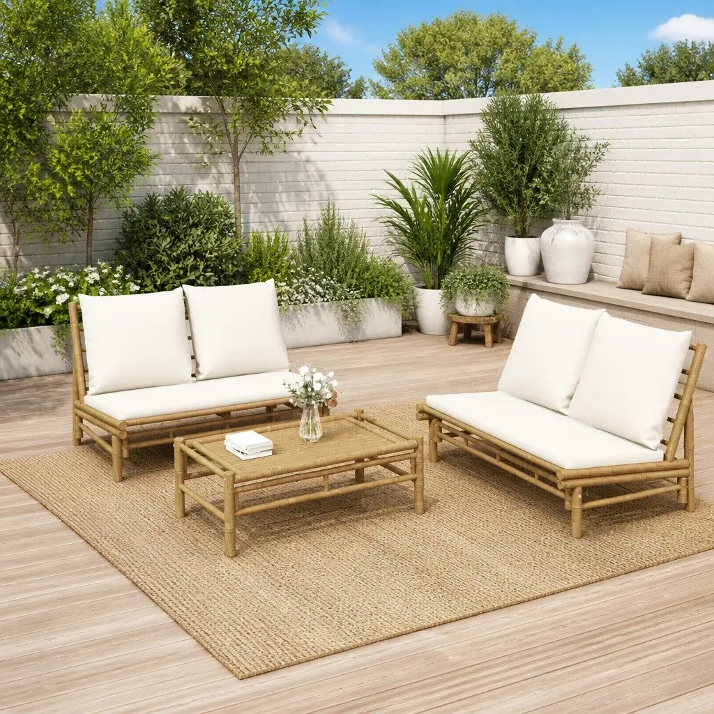 Outdoor Garden Lounge Set Bamboo Sectional Sofa with Cushions 2 Piece