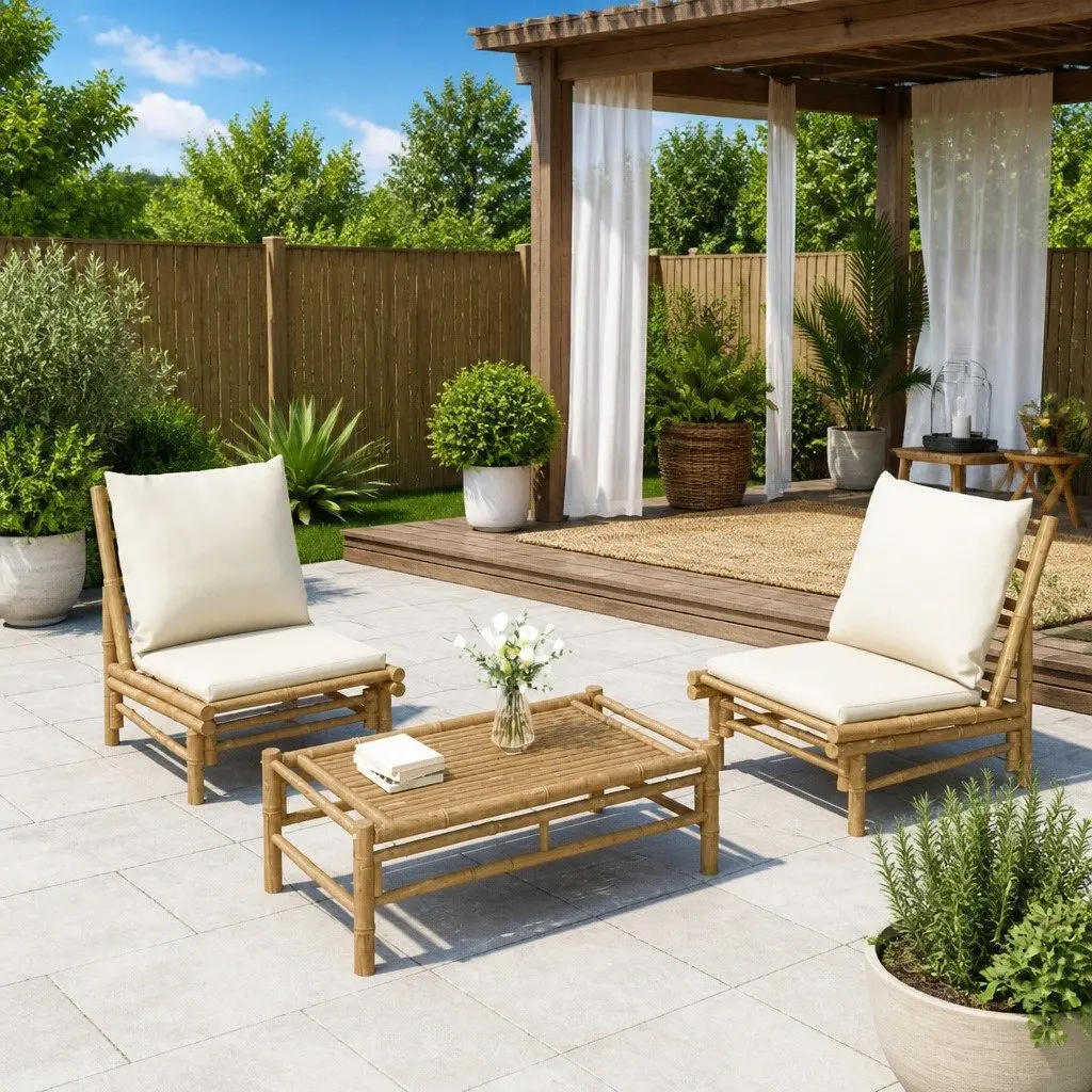 Bamboo Outdoor Garden Chairs 2 Piece Set with Backrest and Cushions