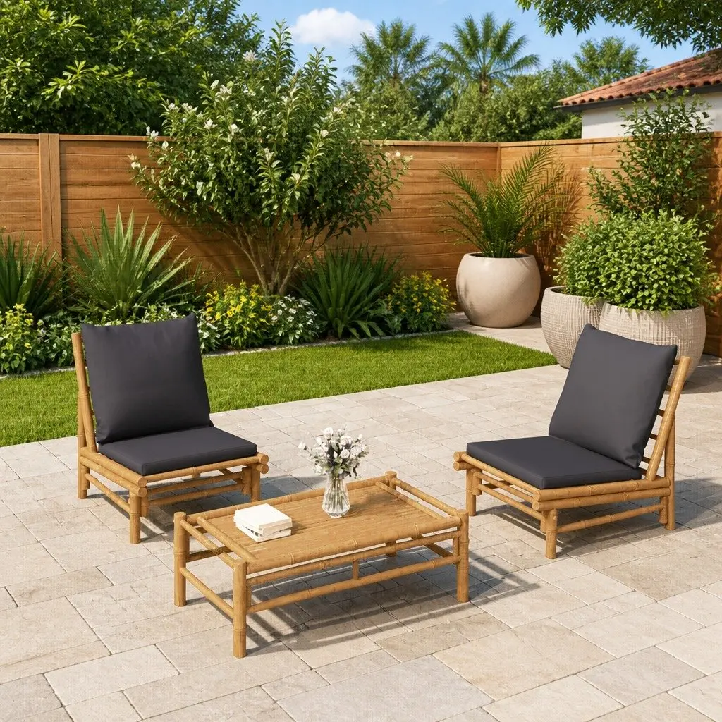 Outdoor Garden Chairs Set 2 pcs Bamboo with Grey Cushions
