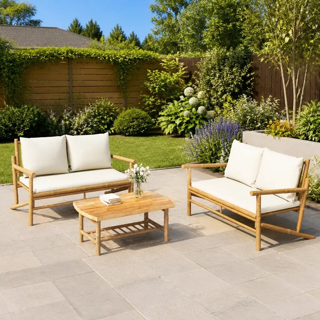 Outdoor Garden Bench Bamboo Frame Cream Cushioned Patio Seating Furniture