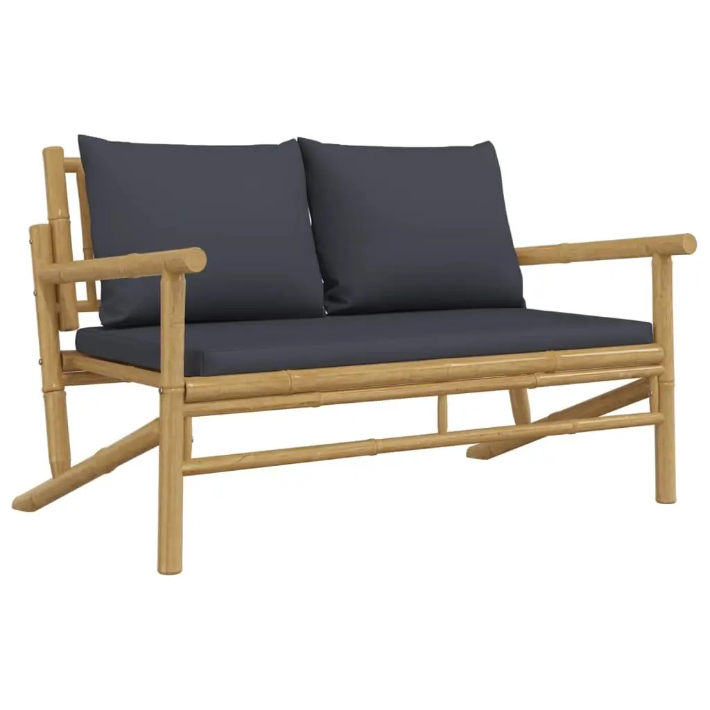 Bamboo Garden Bench Outdoor Patio Seating Lightweight with Thick Grey Cushions and Backrest