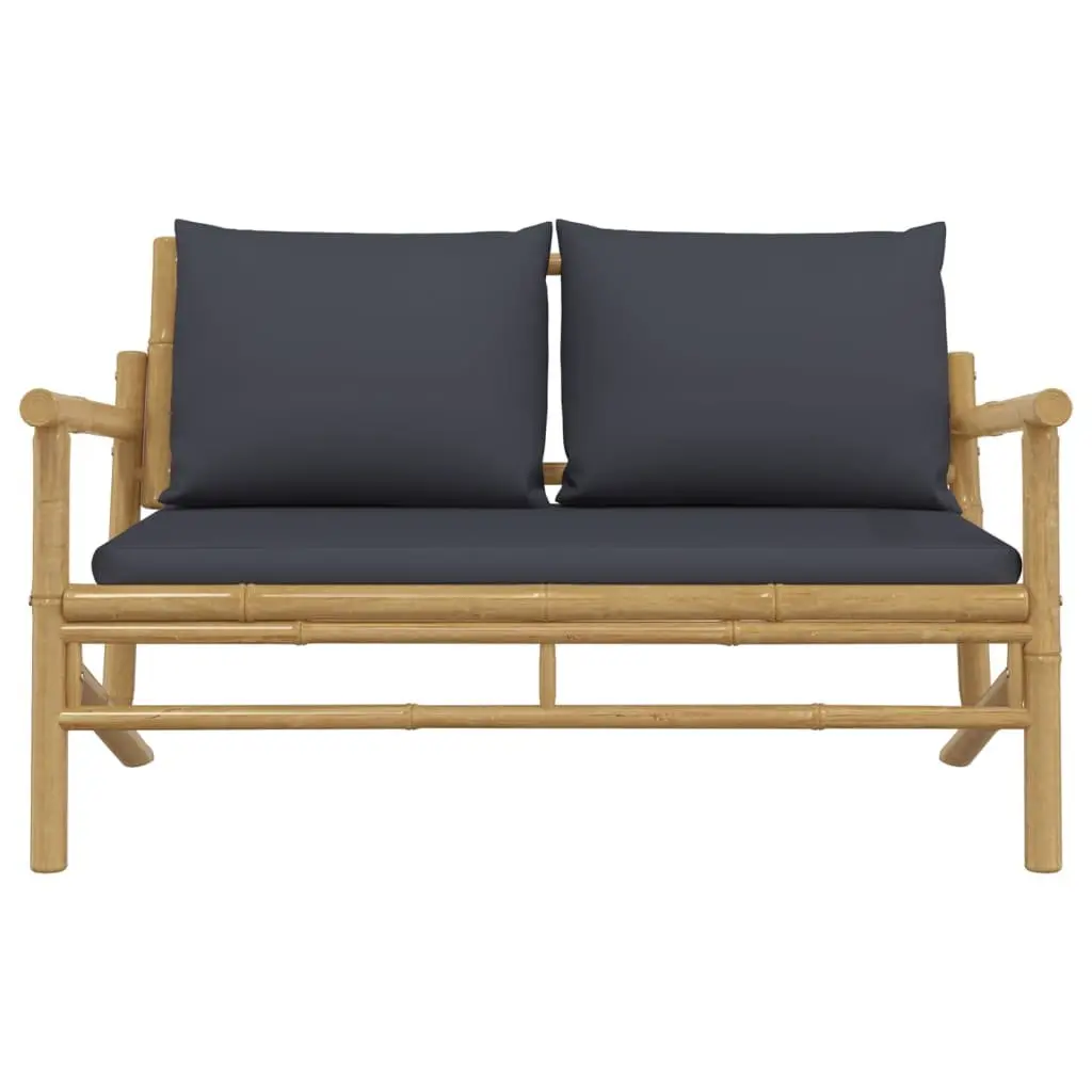 Bamboo Garden Bench Outdoor Patio Seating Lightweight with Thick Grey Cushions and Backrest
