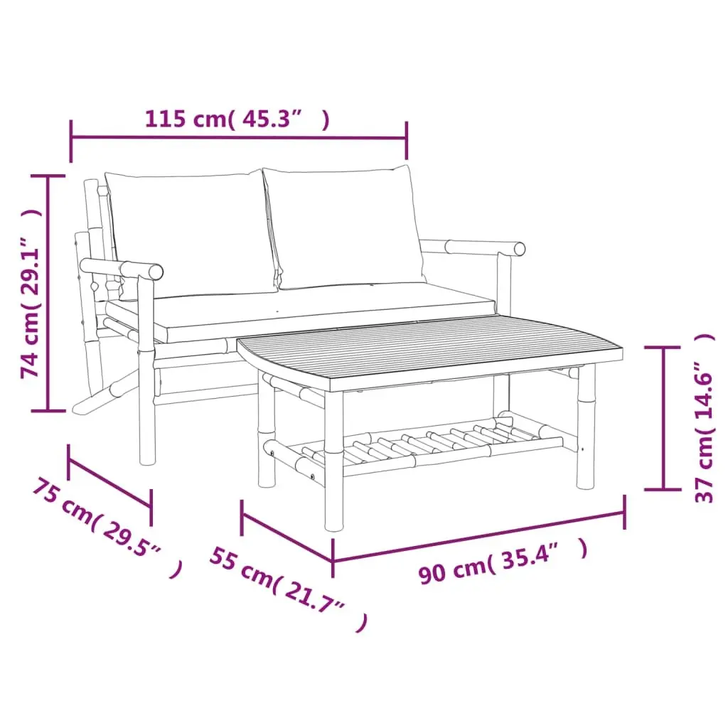 Outdoor Sectional Sofa Lounge Set Durable Bamboo Construction 2 Piece Grey