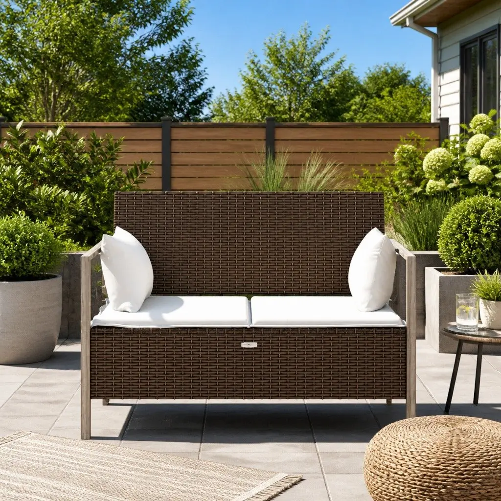 2-Seater Garden Bench with Storage Brown Poly Rattan Outdoor