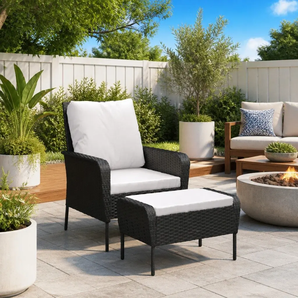 Garden Chair with Footstool Black Poly Rattan Outdoor Lounge Seating