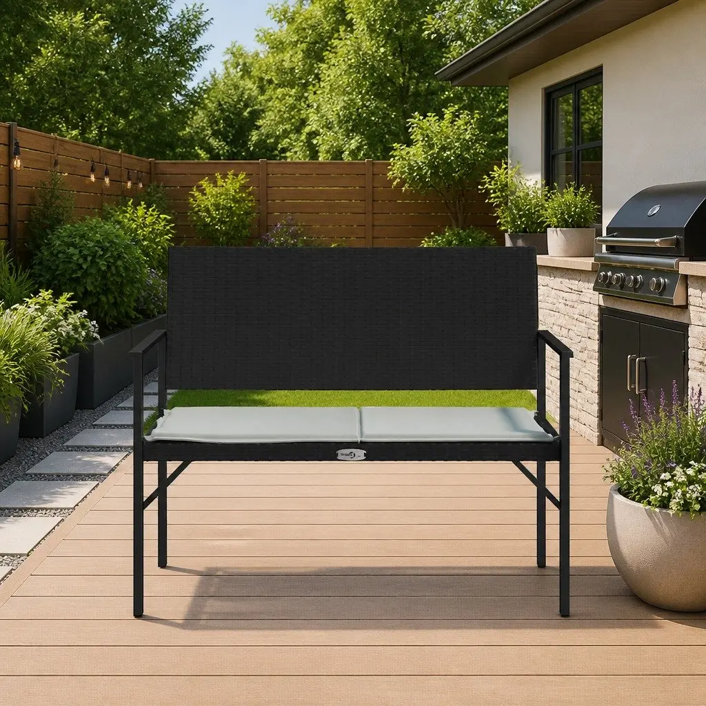 2-Seater Garden Bench Black PE Rattan Outdoor Seating with Cushion