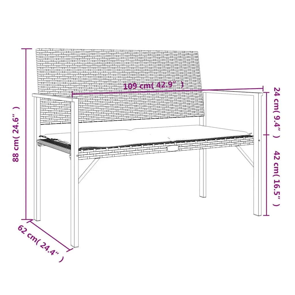 2-Seater Garden Bench Black PE Rattan Outdoor Seating with Cushion