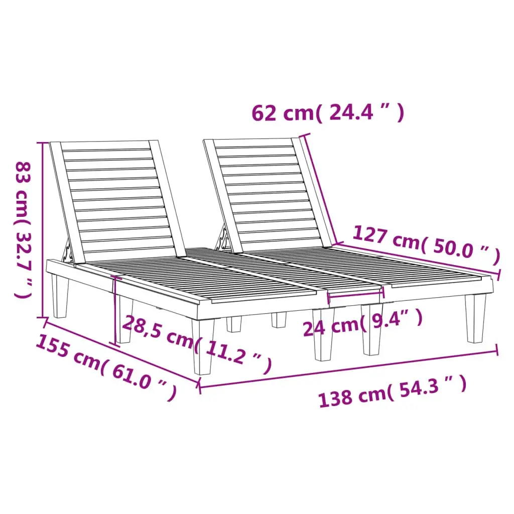 Double Sun Lounger Adjustable Reclining Black 155 x 138 x 83 cm Outdoor Garden Patio Daybed