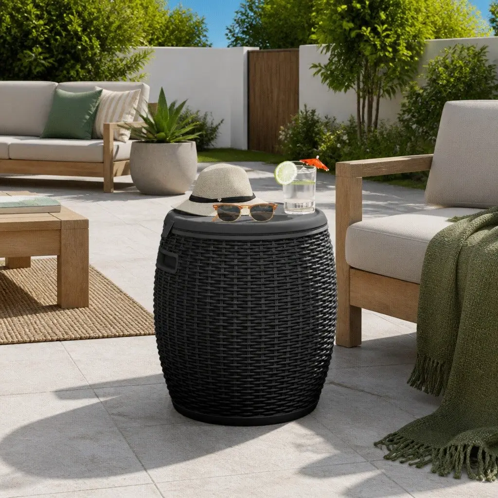 Outdoor Storage Box 4 in 1 Ice Cooler Stool Table Black Polypropylene