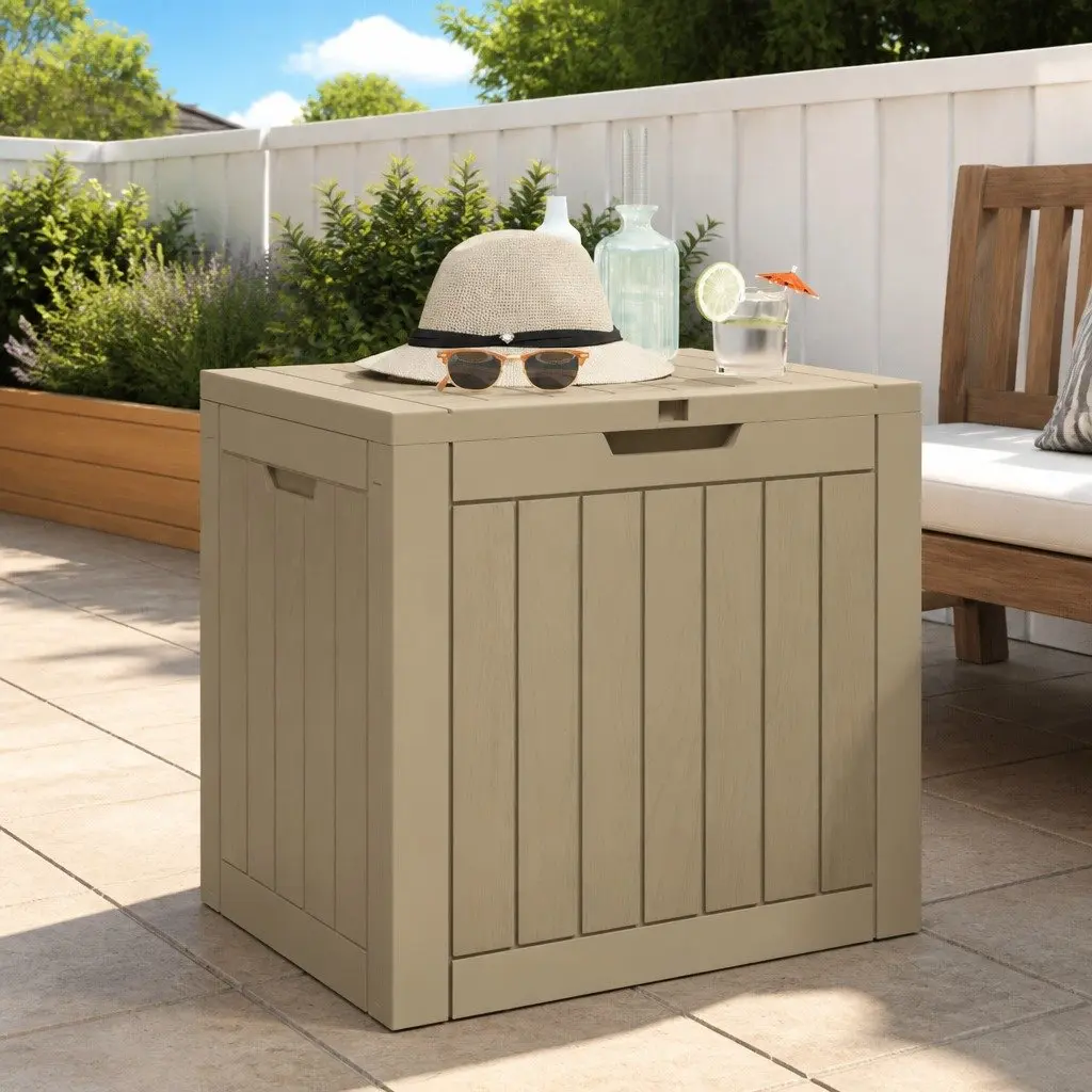 Outdoor Storage Box Grey Garden Furniture Bench Seat with Handles Polypropylene