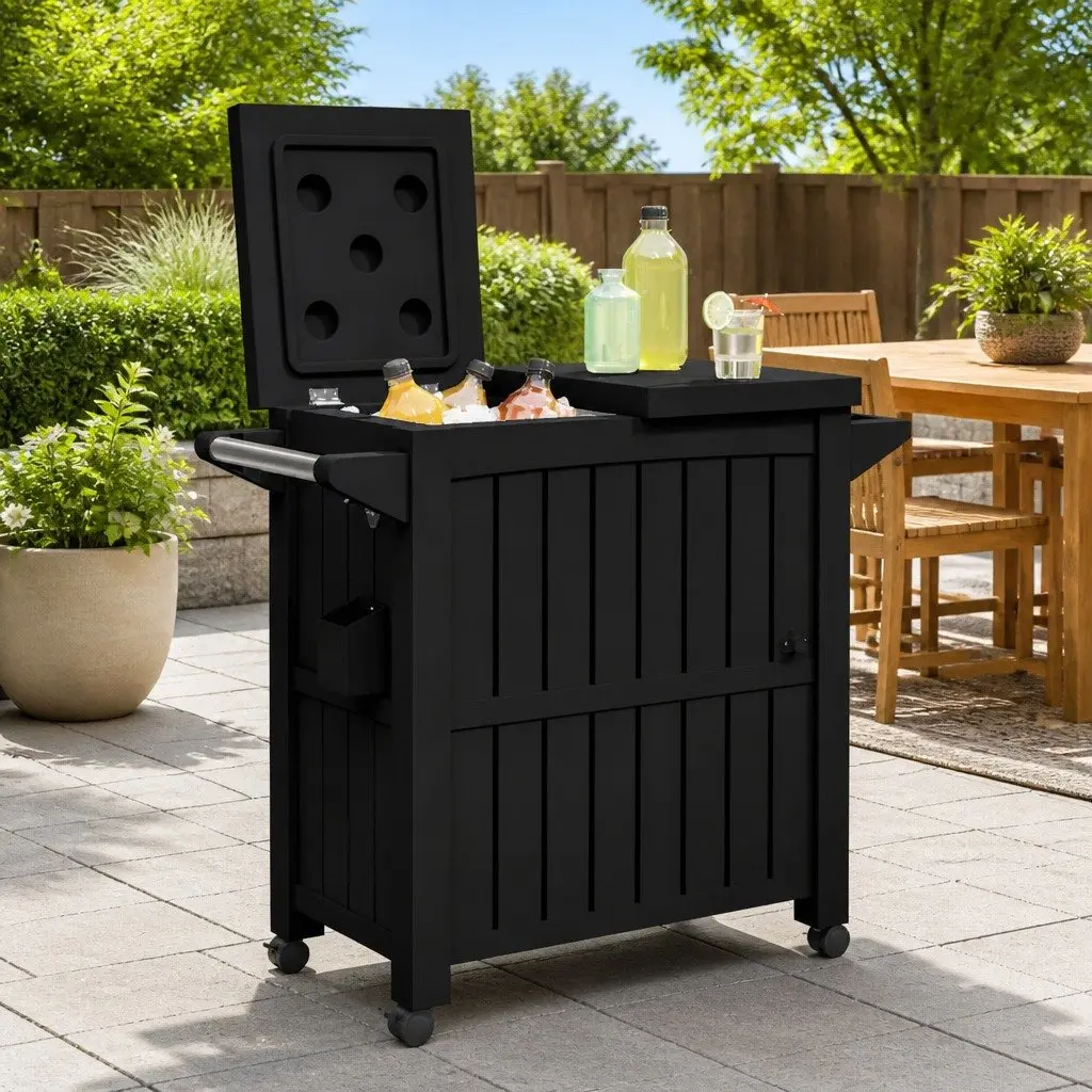 3-in-1 Serving Cart with Ice Bucket Rolling Kitchen Dining Trolley Black