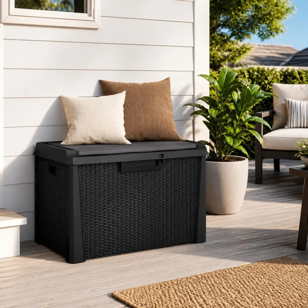 Garden Storage Box Rattan Look with Seat Cushion Anthracite 125L Outdoor Patio Deck Bench