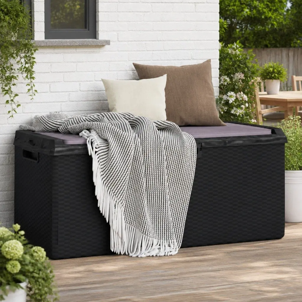 Garden Storage Box Rattan Look 350L Outdoor Patio with Seat Cushion Anthracite