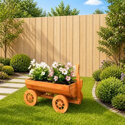 Decorative Garden Wagon Solid Wood Fir Planter Cart with Wheels Handle Brown