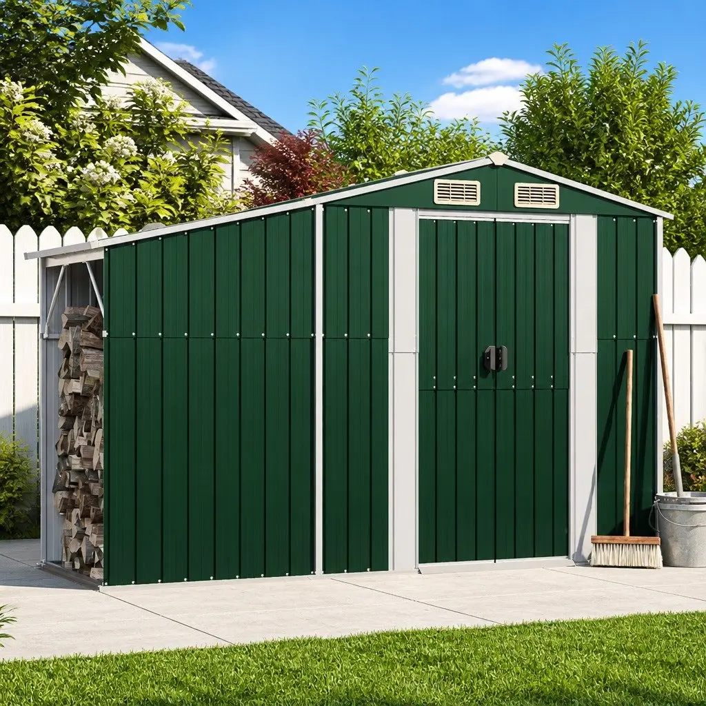 Garden Shed Green Metal Outdoor Storage with Firewood Stand and Ventilation Sloping Roof 277 x 93 x 179 cm