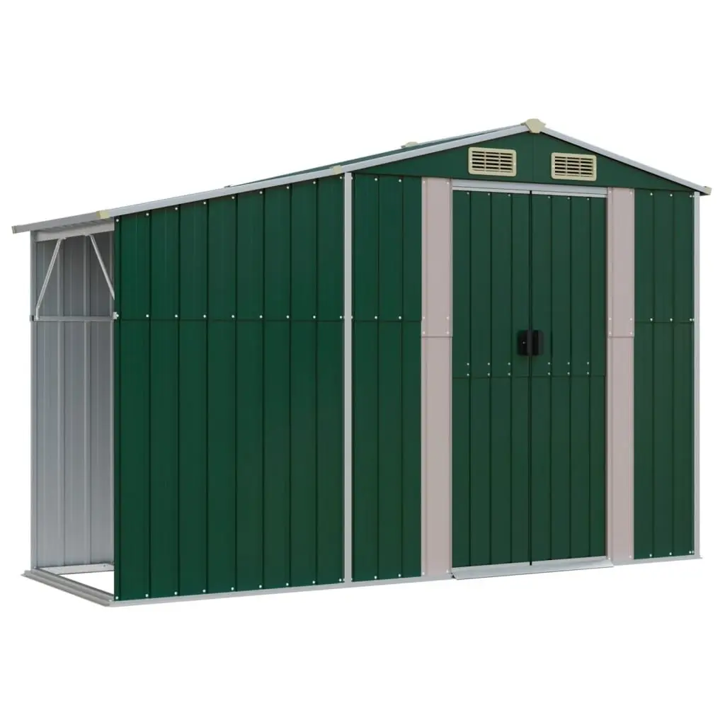 Garden Shed Green Metal Outdoor Storage with Firewood Stand and Ventilation Sloping Roof 277 x 93 x 179 cm