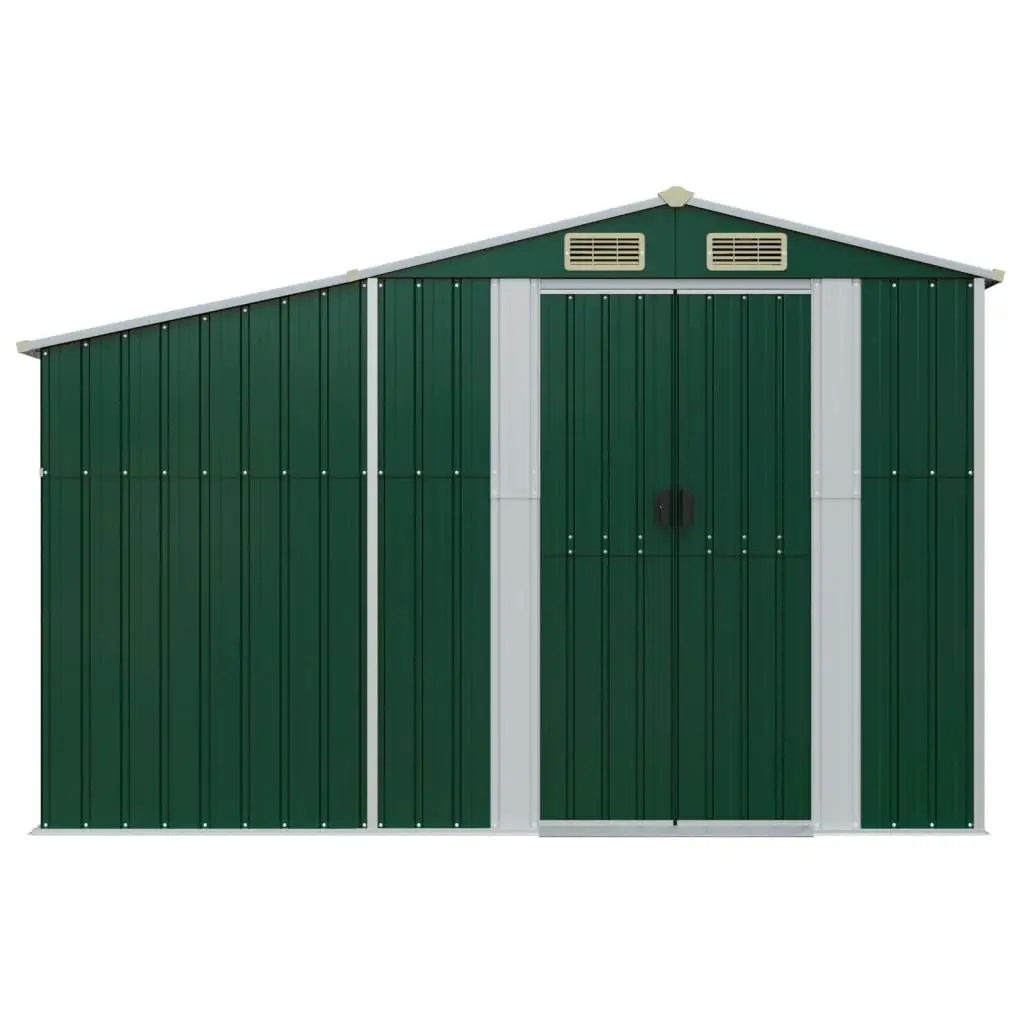 Garden Shed Green Metal Outdoor Storage with Firewood Stand and Ventilation Sloping Roof 277 x 93 x 179 cm
