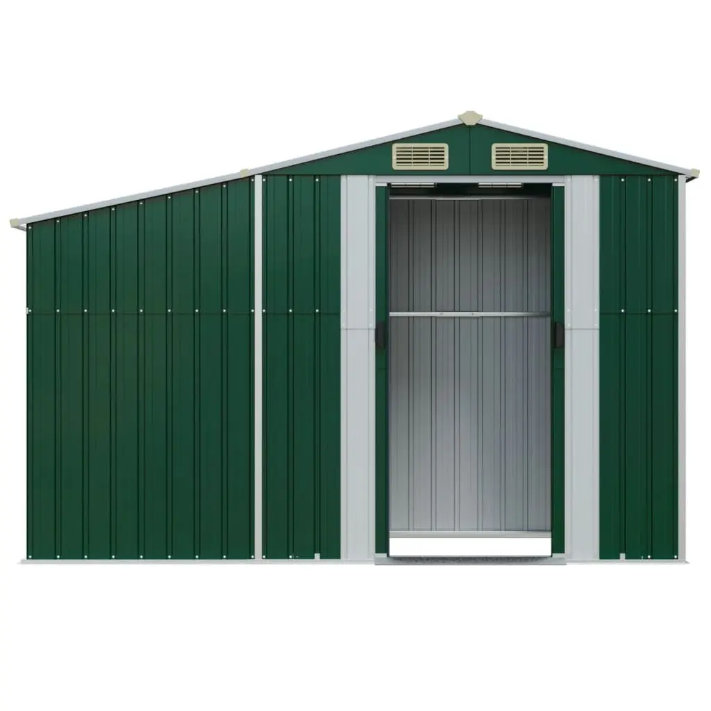 Garden Shed Green Metal Outdoor Storage with Firewood Stand and Ventilation Sloping Roof 277 x 93 x 179 cm