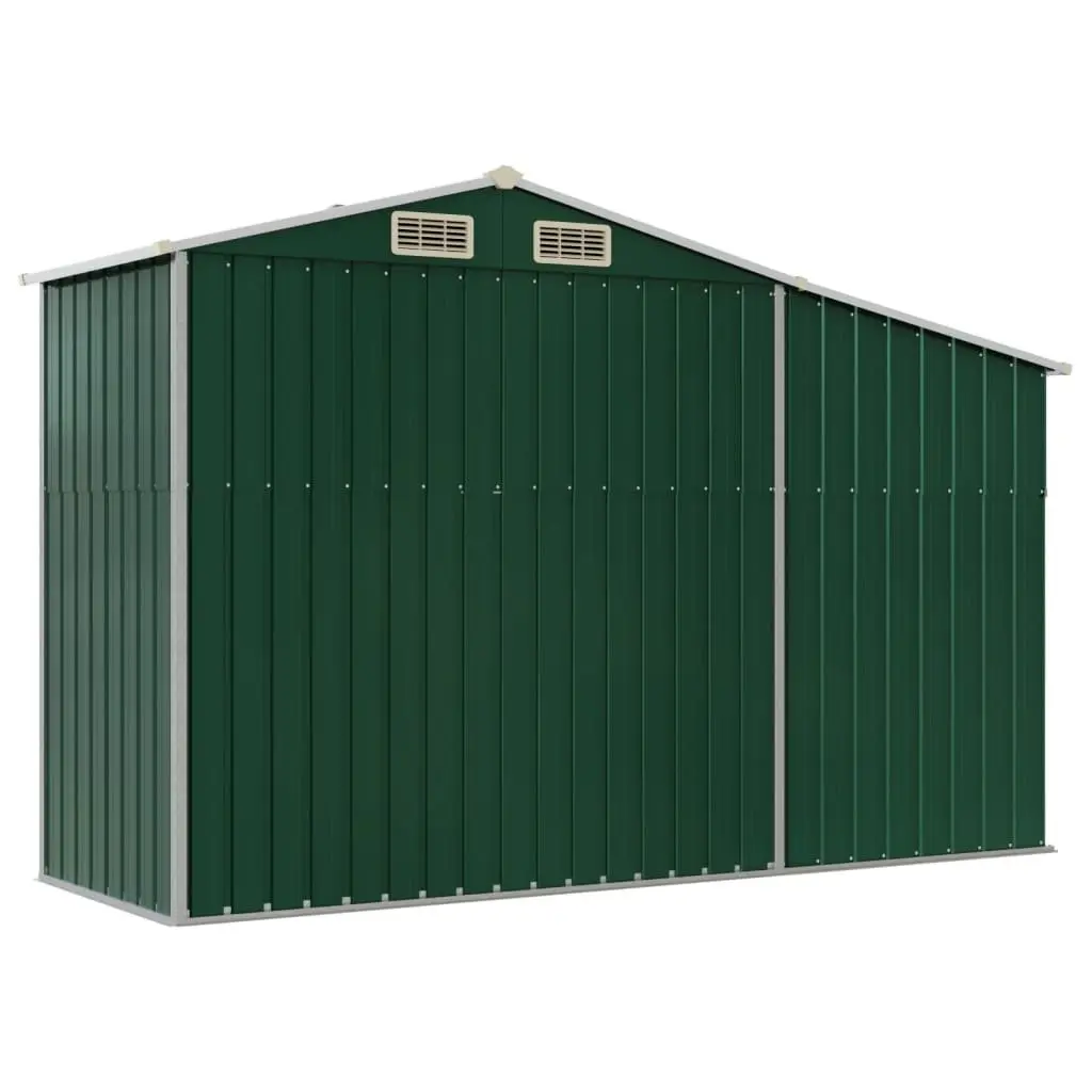 Garden Shed Green Metal Outdoor Storage with Firewood Stand and Ventilation Sloping Roof 277 x 93 x 179 cm