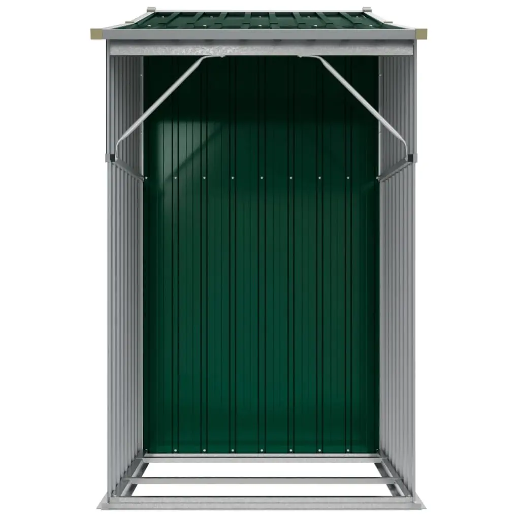 Garden Shed Green Metal Outdoor Storage with Firewood Stand and Ventilation Sloping Roof 277 x 93 x 179 cm