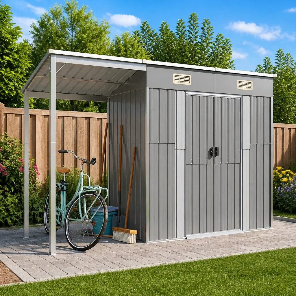 Garden Shed Grey Galvanised Steel Extended Roof Outdoor Storage 277x107x181cm