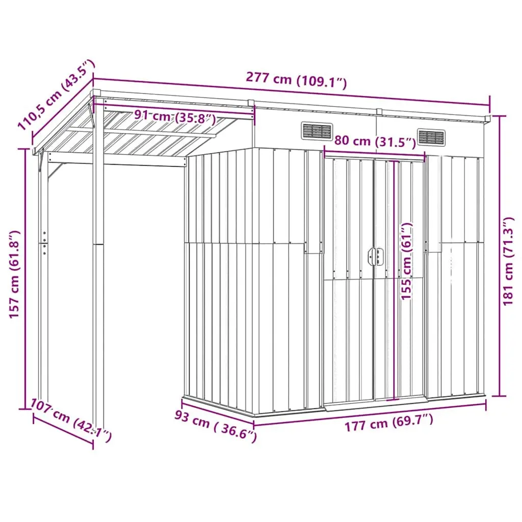 Garden Shed Grey Galvanised Steel Extended Roof Outdoor Storage 277x107x181cm