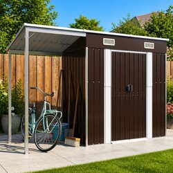 Garden Shed Extended Roof Brown 277x107x181cm Metal Outdoor Storage Tool House