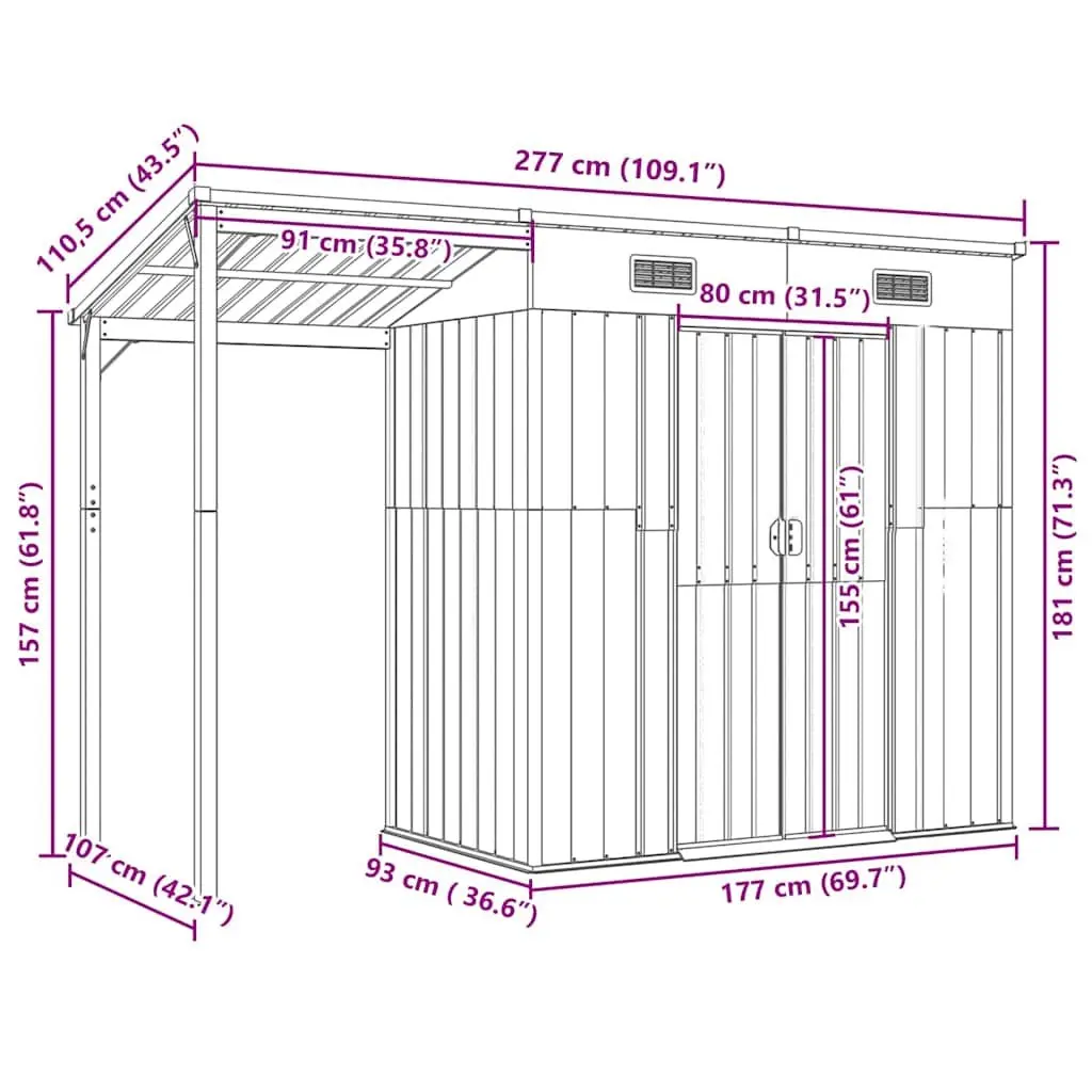 Garden Shed Extended Roof Brown Steel Storage 277 x 107 x 181 cm