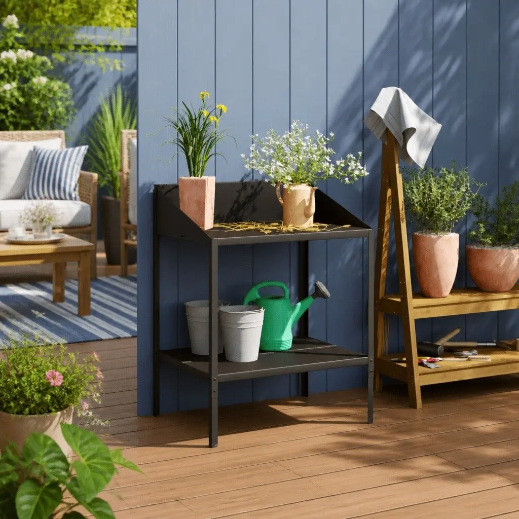 Plant Stand Anthracite 2 Tier Metal Flower Display Shelf Indoor Outdoor