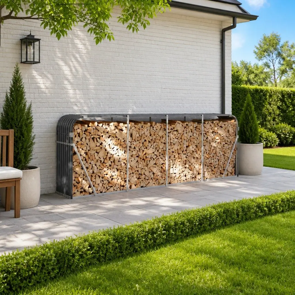 Log Holder Anthracite Galvanised Steel Firewood Storage Rack Wall Mount Outdoor