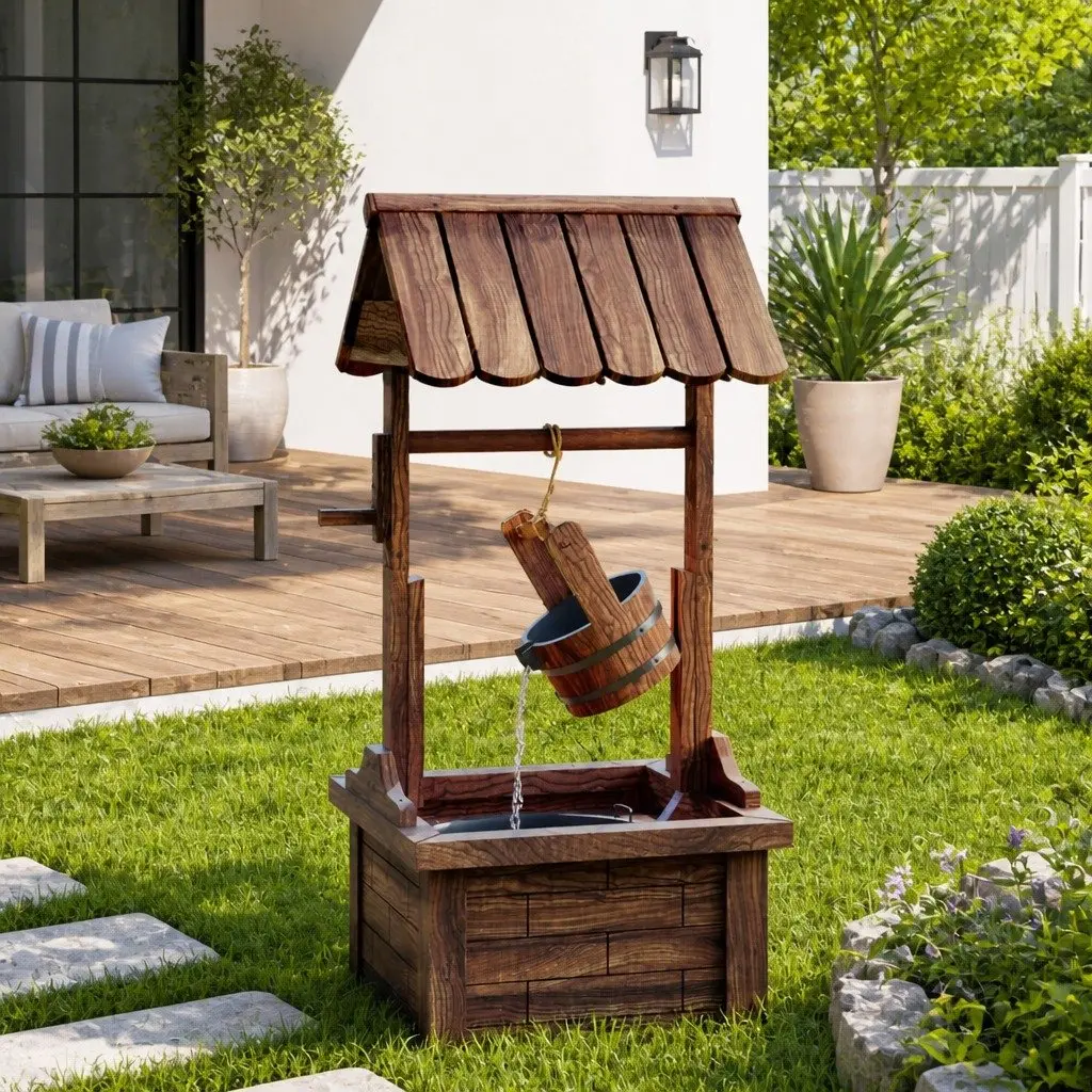 Wooden Wishing Well Fountain with Electric Pump 57 x 50 x 112 cm