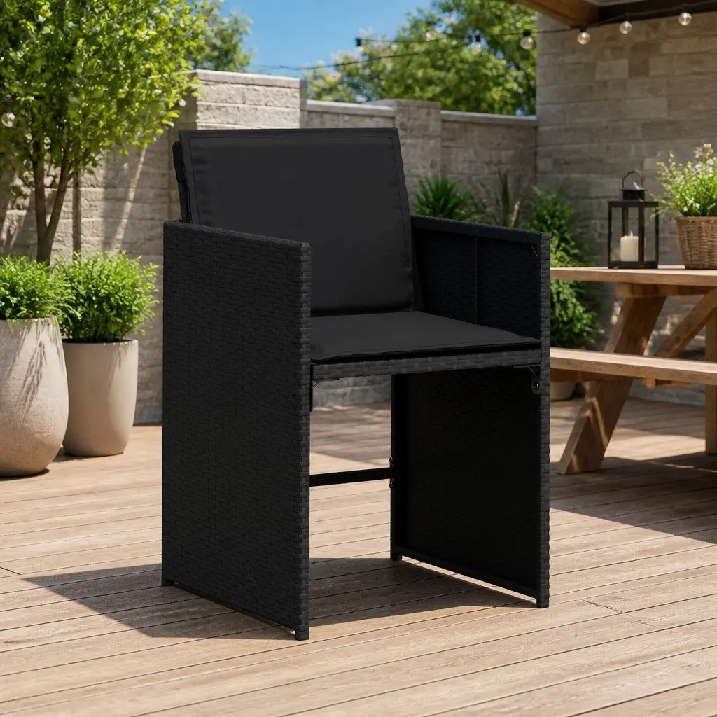 Outdoor Garden Chairs Set Black Poly Rattan with Padded Cushions 4 Piece