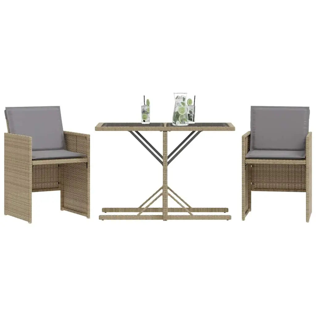 3 Piece Outdoor Bistro Set Beige Poly Rattan Garden Furniture with Cushions and Table