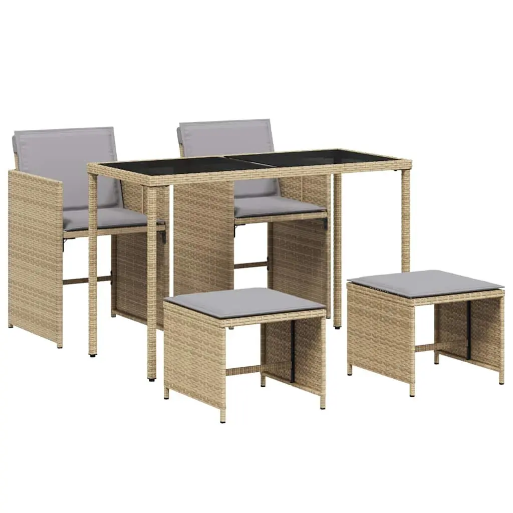 Garden Dining Set 5 Piece Beige PE Rattan with Cushions and Tempered Glass Table for Outdoor Patio Use