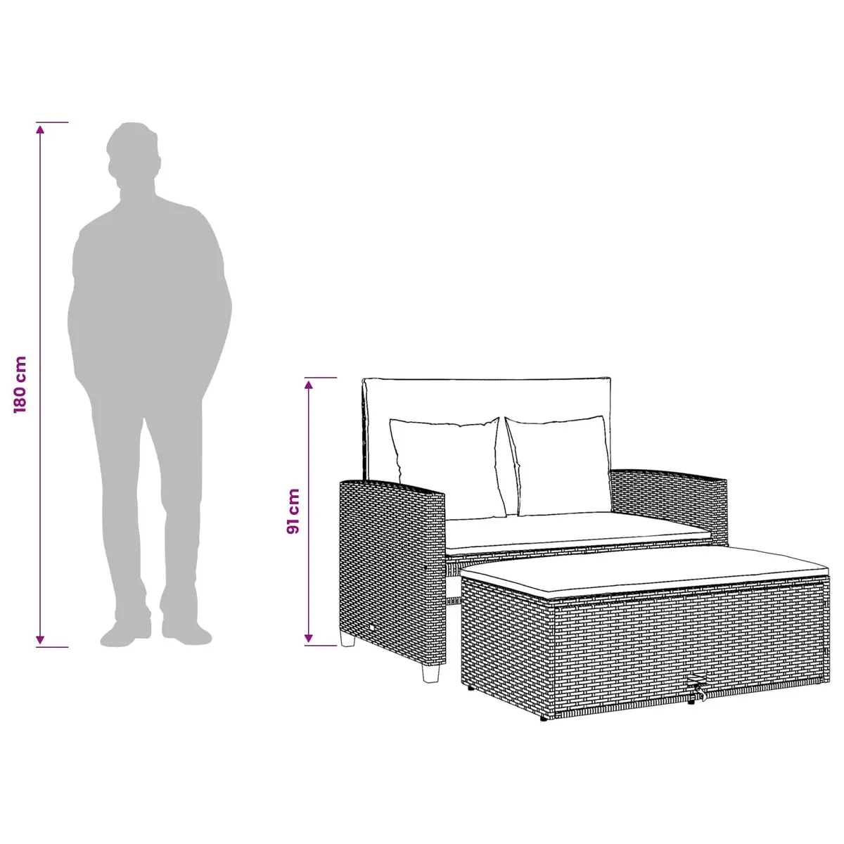 2-Seater Garden Sofa with Cushions Black Poly Rattan Outdoor Bench Sofa Bed