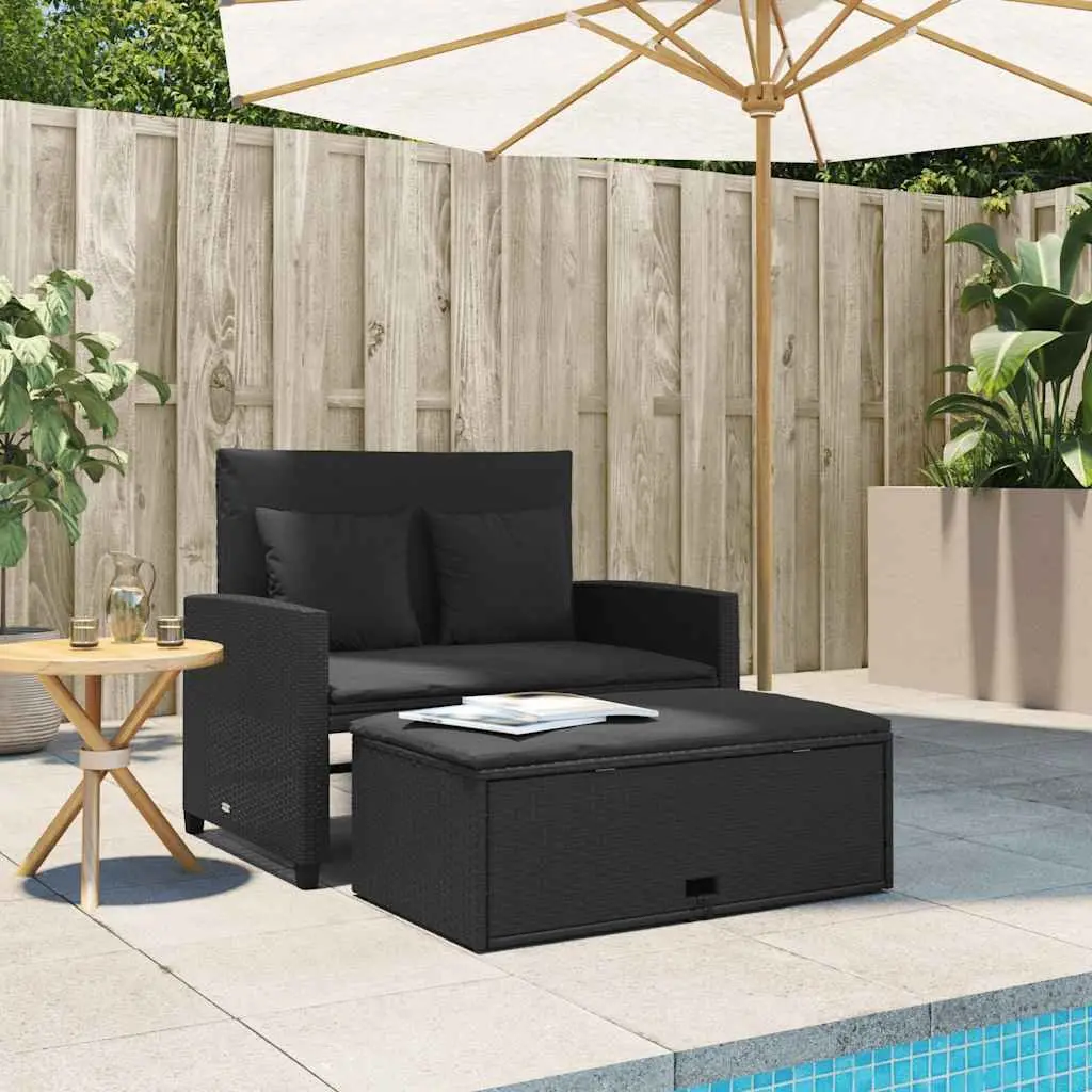 2-Seater Garden Sofa with Cushions Black Poly Rattan Outdoor Bench Sofa Bed