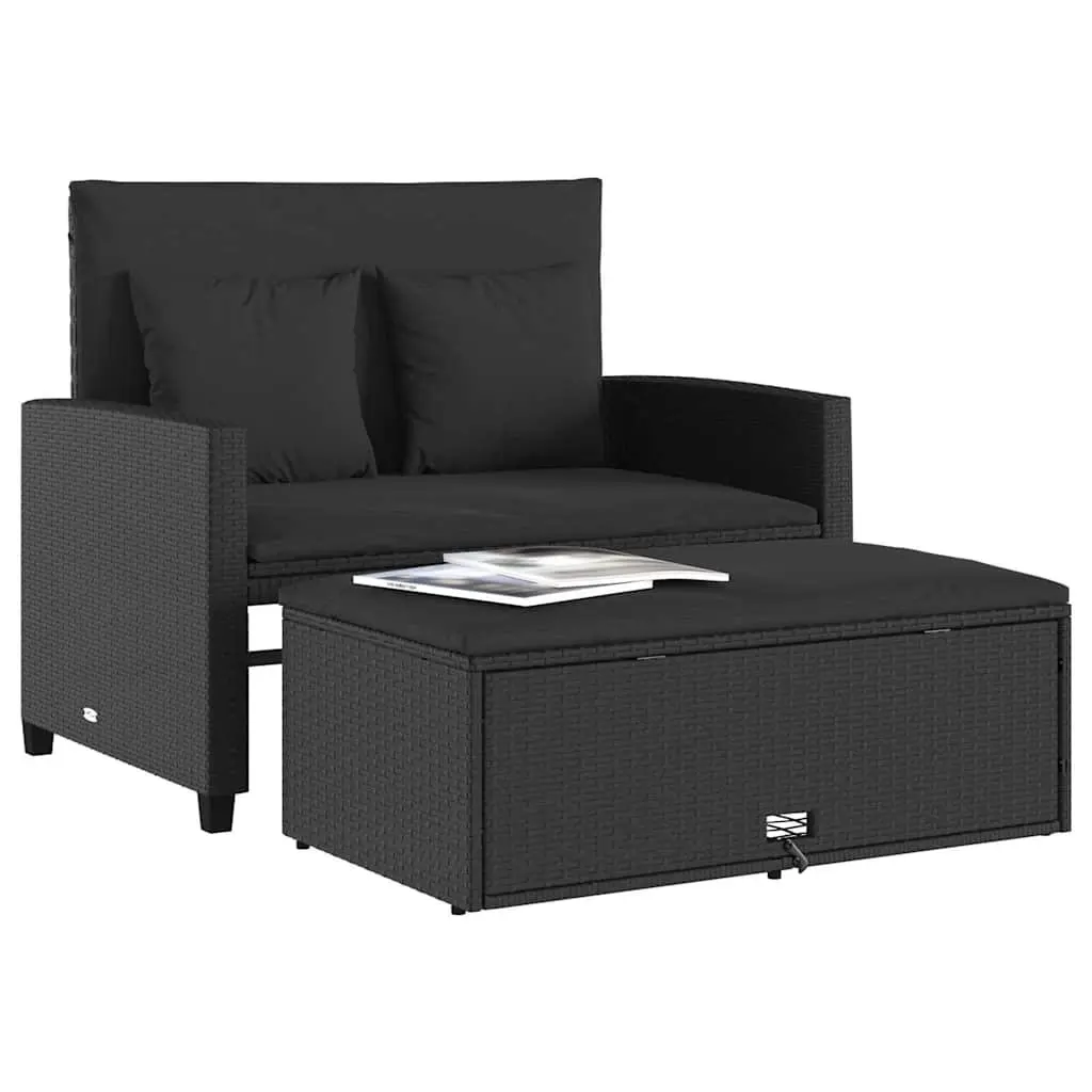 2-Seater Garden Sofa with Cushions Black Poly Rattan Outdoor Bench Sofa Bed
