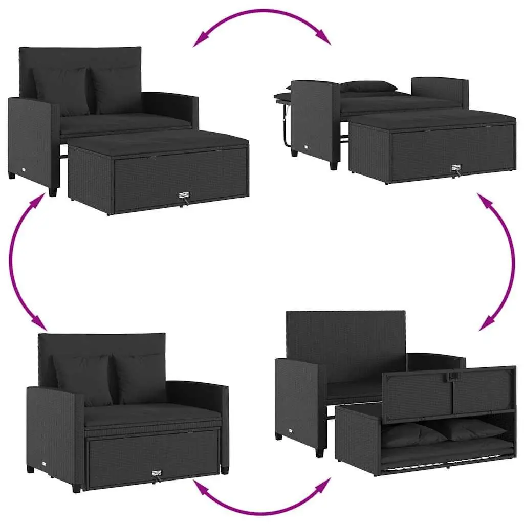 2-Seater Garden Sofa with Cushions Black Poly Rattan Outdoor Bench Sofa Bed