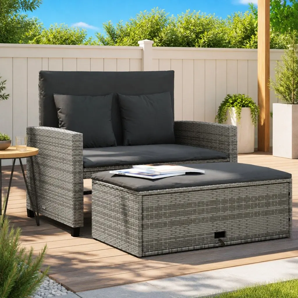 Garden Sofa 2-Seater Convertible Grey Poly Rattan Outdoor Bench Sofa Bed