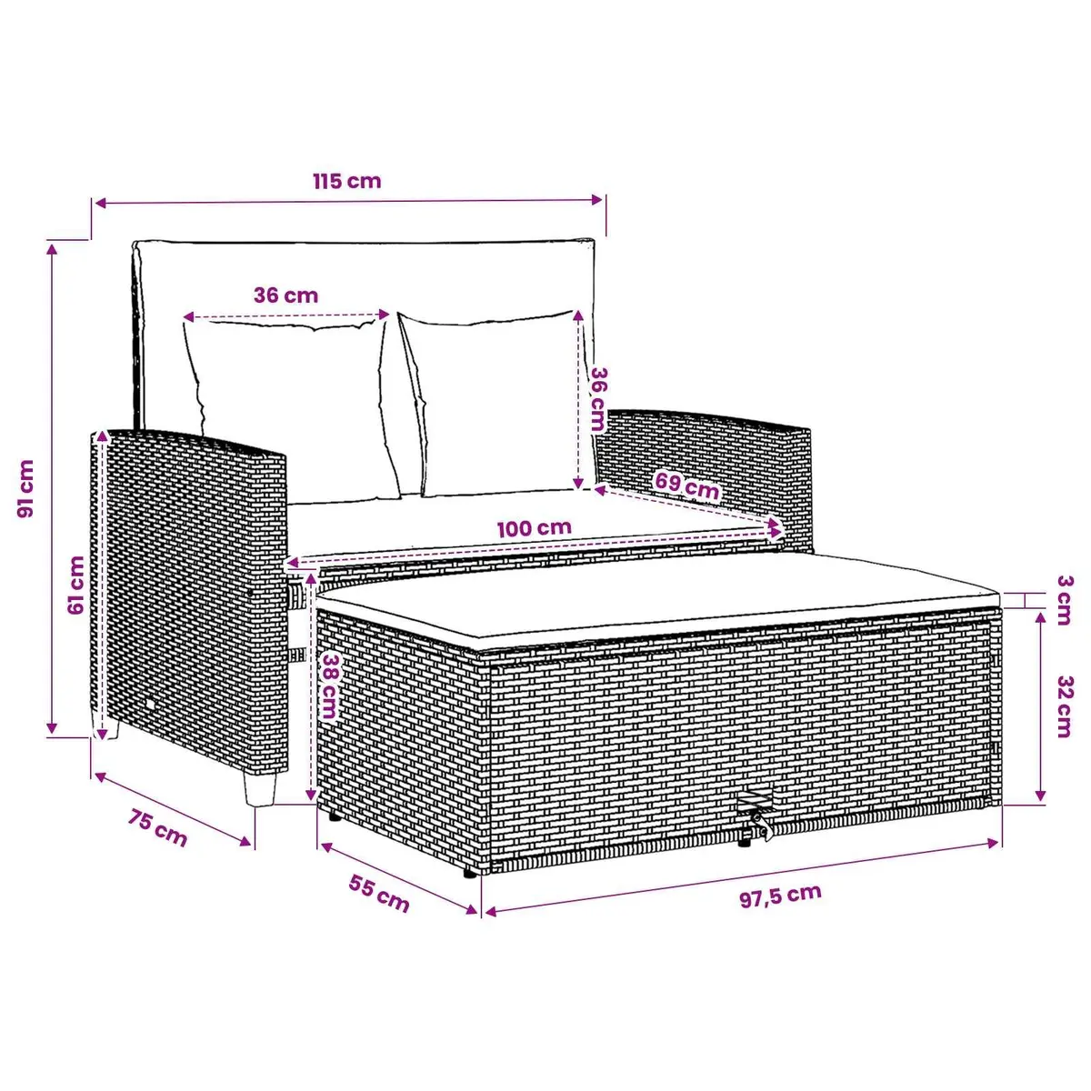 Garden Sofa 2-Seater Convertible Grey Poly Rattan Outdoor Bench Sofa Bed