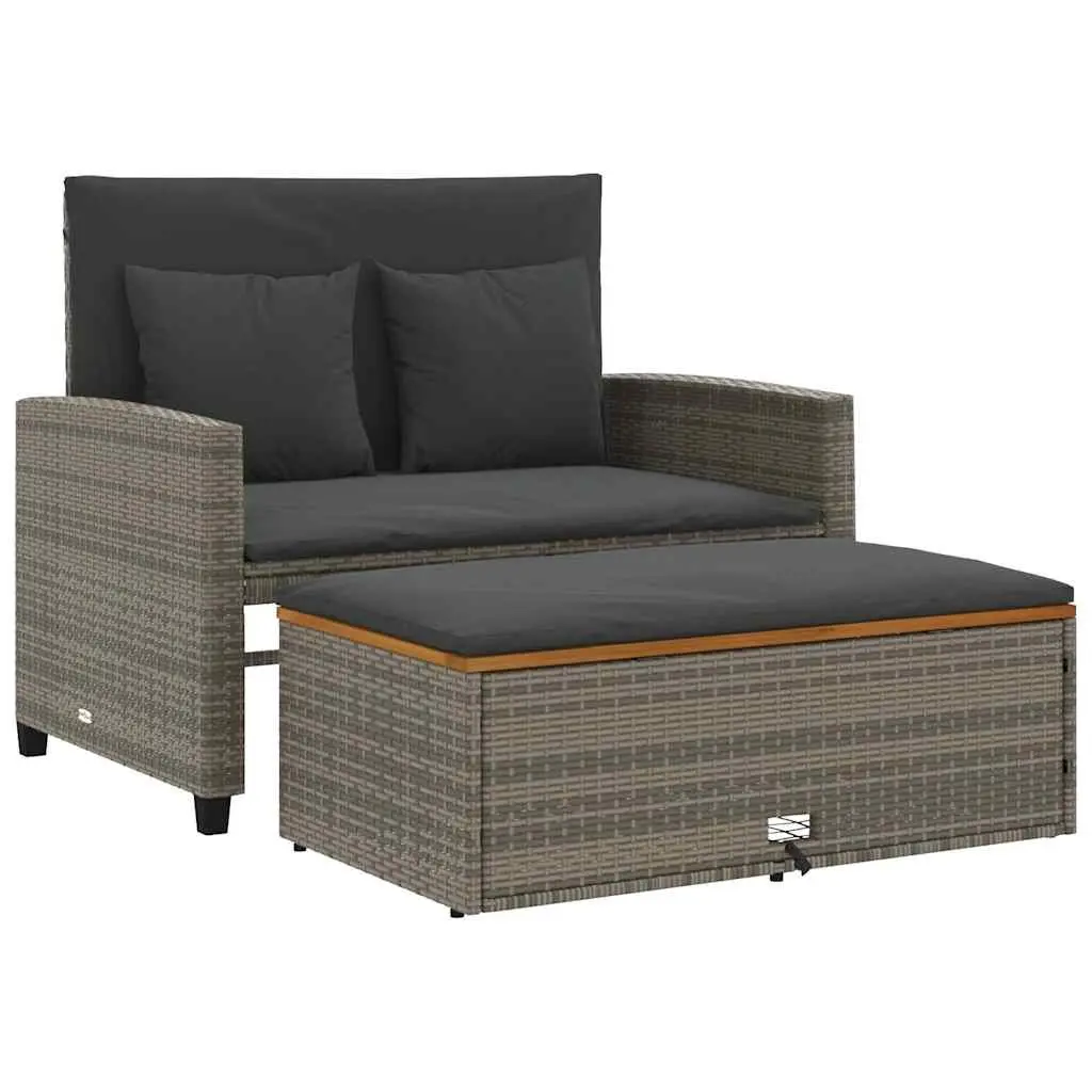 2-Seater Garden Sofa Bench Grey Poly Rattan Acacia Wood Outdoor with Cushions