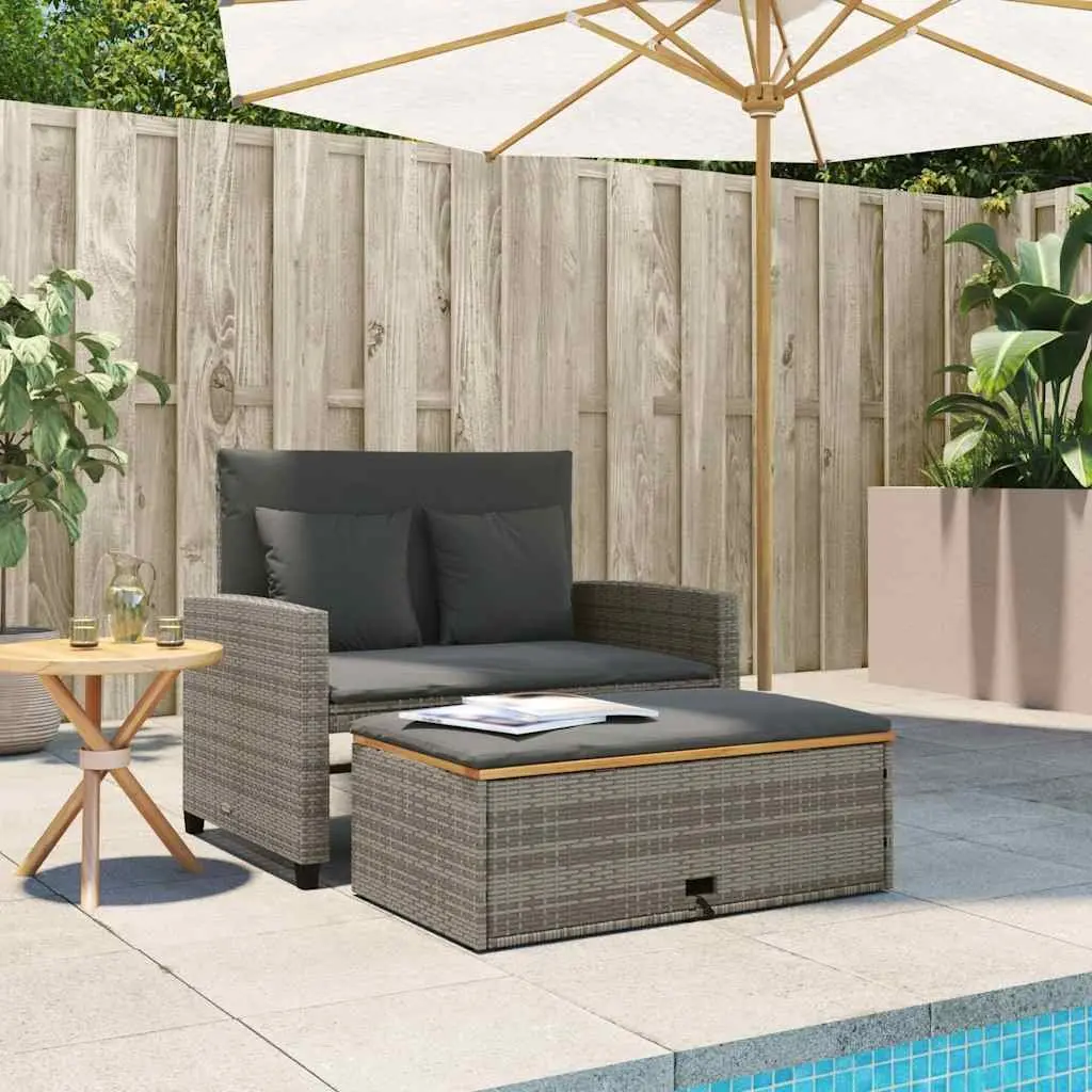 2-Seater Garden Sofa Bench Grey Poly Rattan Acacia Wood Outdoor with Cushions