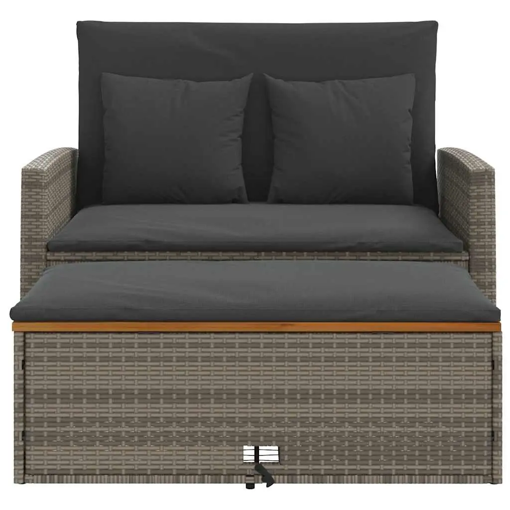 2-Seater Garden Sofa Bench Grey Poly Rattan Acacia Wood Outdoor with Cushions