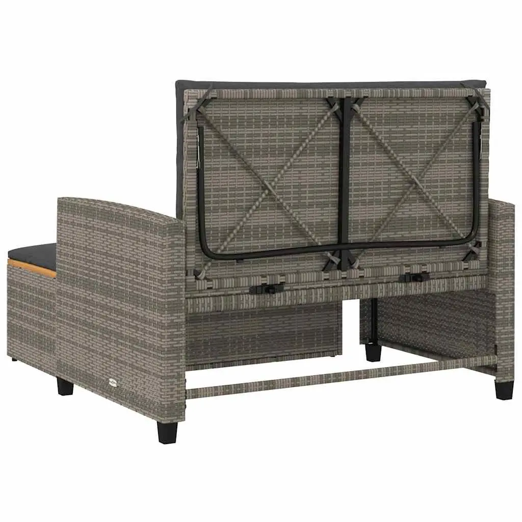2-Seater Garden Sofa Bench Grey Poly Rattan Acacia Wood Outdoor with Cushions