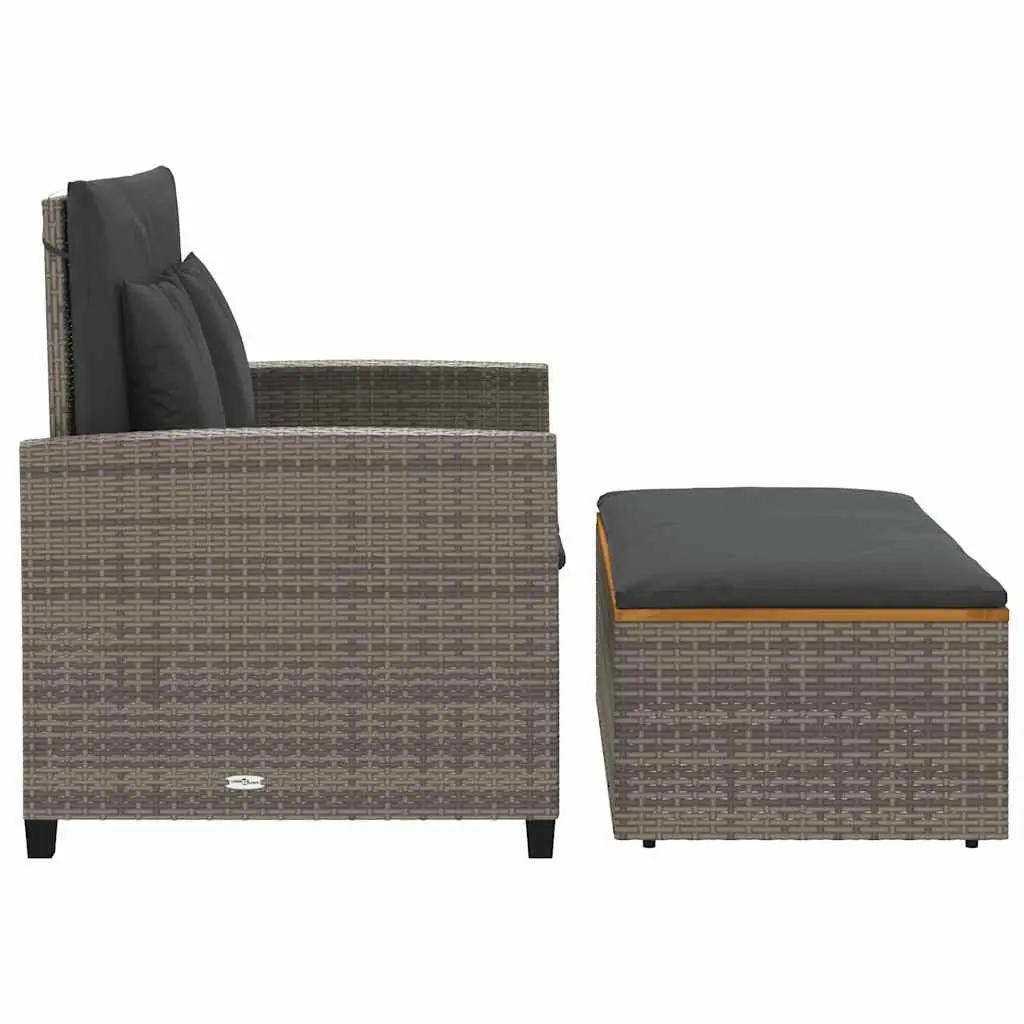 2-Seater Garden Sofa Bench Grey Poly Rattan Acacia Wood Outdoor with Cushions